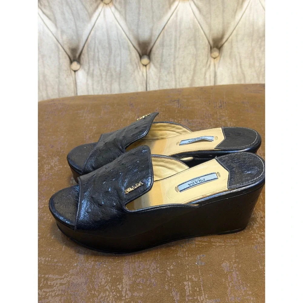 Prada Black Ostrich Embossed Leather Platform Wedge Mules Sandals 39 109-2